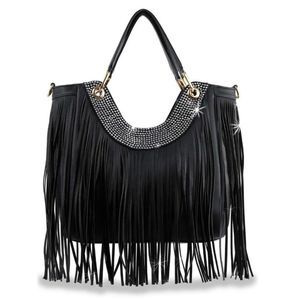 Gorgeous Black Fringe Rhinestone Bling Handbag Purse
